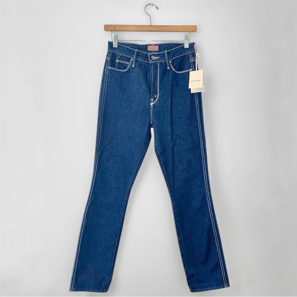 New MOTHER Women's Skinny Jeans in Dark Wash Deep Blue White Stitching Size 26